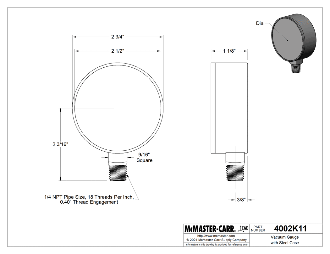 Technical Drawing of Vacuum Gauge with Steel Case, Dual Scale, 2-1/2" Dial, 1/4 NPT Male Bottom Connection.